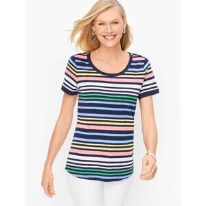 Talbots Size Large Striped Cotton Blend Button Shoulder Tee Top